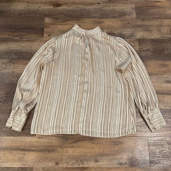Express Striped Sheer Mock Neck Blouse Champagne Beige Office Holiday L READ - Picture 2 of 11